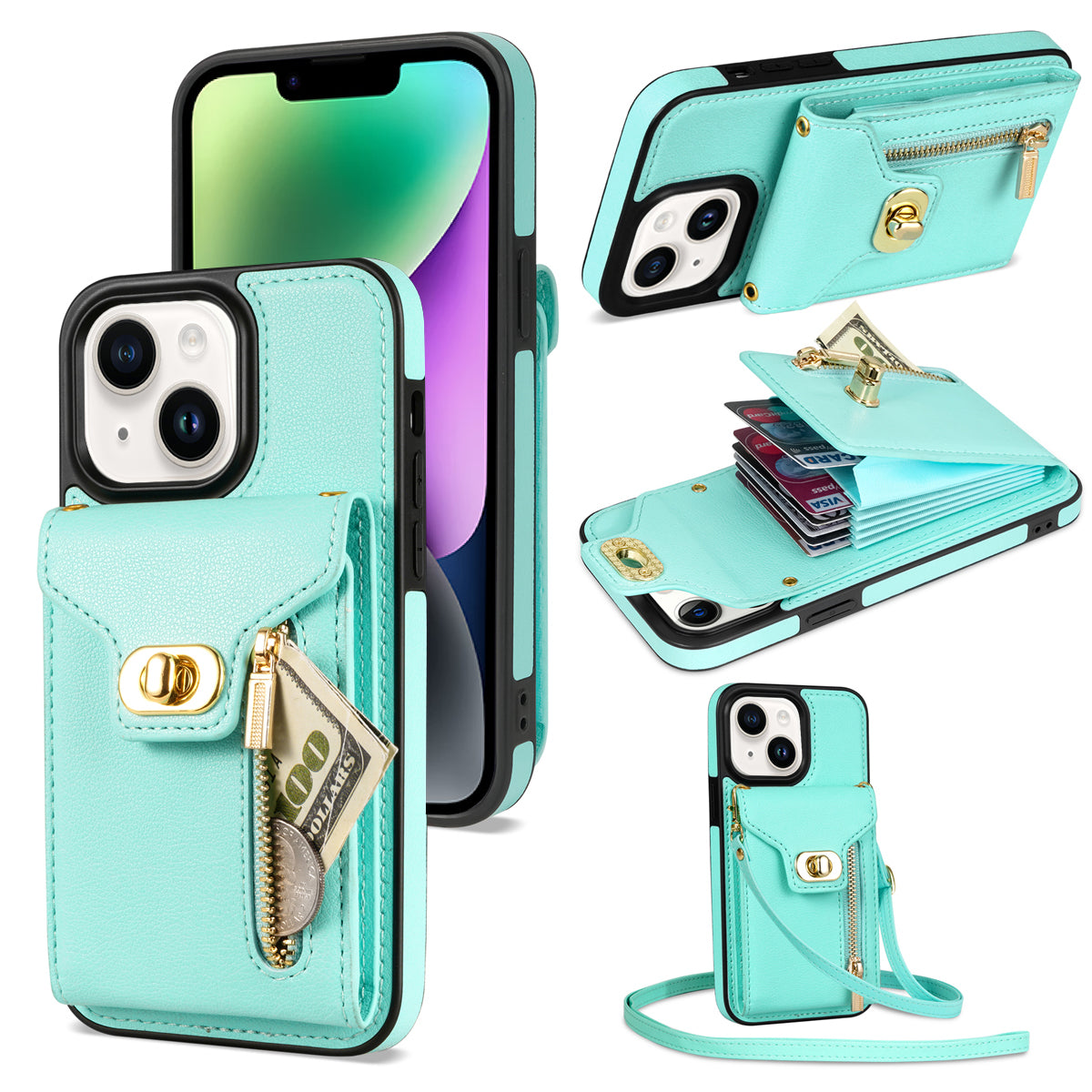 Card Holder Zipper Pocket Phone Case for iPhone 14 Kickstand PU Leather Coated TPU Cover Card Holder Zipper Pocket Phone Case for iPhone 14 Kickstand PU Leather Coated TPU Cover